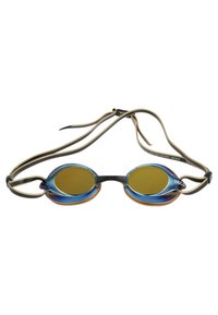 Swimming goggles with blue-tinted lenses, flexible black frame, yellow accents, and adjustable straps for a secure fit.