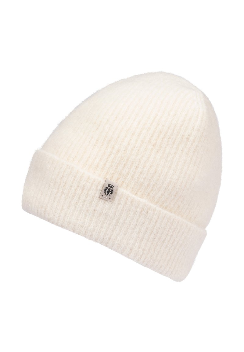 White wool beanie with ribbed texture, rounded top, and a folded brim. Includes a small logo tag on the front.