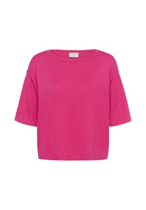 Ryškiai rožinis megztinis trumpomis rankovėmis, suapvalintu iškirptu kaklu ir laisvo silueto, rodomas ant balto fono.