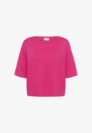 Ryškiai rožinis megztinis trumpomis rankovėmis, suapvalintu iškirptu kaklu ir laisvo silueto, rodomas ant balto fono.