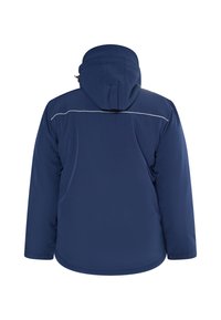 Sötétkék softshell dzseki kapucnival, sima felülettel, megerősített varratokkal és fényvisszaverő csíkkal a hátsó részen.
