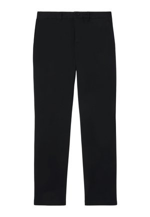 Black trousers with a straight-leg cut, made of smooth fabric. Features a button and zip fly, belt loops, and side and back pockets.