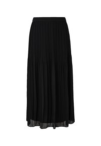 Zwarte geplooide maxi rok met een aansluitende tailleband, gemaakt van lichtgewicht stof. Heeft een vloeiende uitstraling met een doorschijnende binnenvoering.