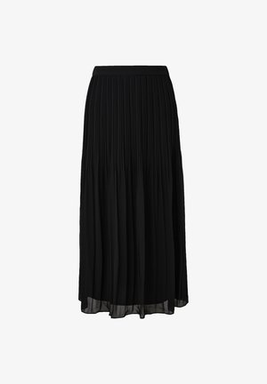 Jupe maxi plissée noire avec une ceinture ajustée, fabriquée en tissu léger. Présente un design fluide avec une doublure intérieure transparente.