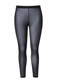 Zwarte, elastische leggings met een gladde textuur en een hoge, elastische tailleband, ontworpen voor comfort en flexibiliteit. Geen duidelijke patronen of accenten.