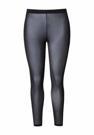 Zwarte, elastische leggings met een gladde textuur en een hoge, elastische tailleband, ontworpen voor comfort en flexibiliteit. Geen duidelijke patronen of accenten.
