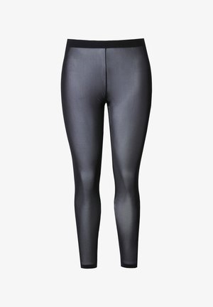 Leggings noirs extensibles avec une texture lisse et une taille haute élastique, conçus pour le confort et la flexibilité. Pas de motifs ou d'accents distincts.