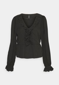 Blusa nera realizzata in tessuto leggero, con scollatura a V profonda, parte anteriore arricciata e maniche lunghe con polsini frill. Vita in stile peplum.