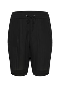 Shorts noirs en tissu léger avec une taille élastique, fermeture à cordon, et poches latérales. Texture lisse, design au genou.