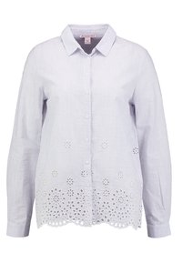 Blau-weiße gestreifte Bluse mit Kragen, die florale Spitzen-Ausschnitte am Saum und lange Ärmel hat.