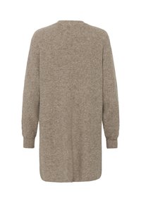 Beige pulover z dolgimi rokavi, mehak pleten čist, ohlapen kroj, okrogla odprtina za vrat, reberni manšeti in ravno rob, z urejenim, minimalističnim dizajnom na hrbtni strani.