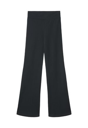 Black wide-leg pants with a stretchy waistband, made from soft fabric. Smooth texture with a simple, unadorned design.