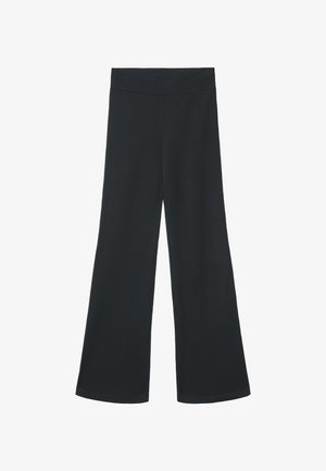 Schwarze, weit geschnittene Hose mit elastischem Bund, gefertigt aus weichem Stoff. Glatte Textur mit einfachem, schlichtem Design.