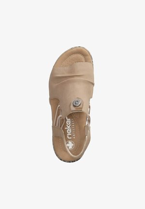 Beige sandalen met open teen, gevoerde binnenzool, decoratieve knop bovenop en elastische zijklitten voor comfort en een veilige pasvorm.