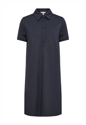 Marineblå polo kjole med korte ærmer, klassisk krave og seks knaplukninger. Glat stof med en afslappet silhuet og sidesplidser.