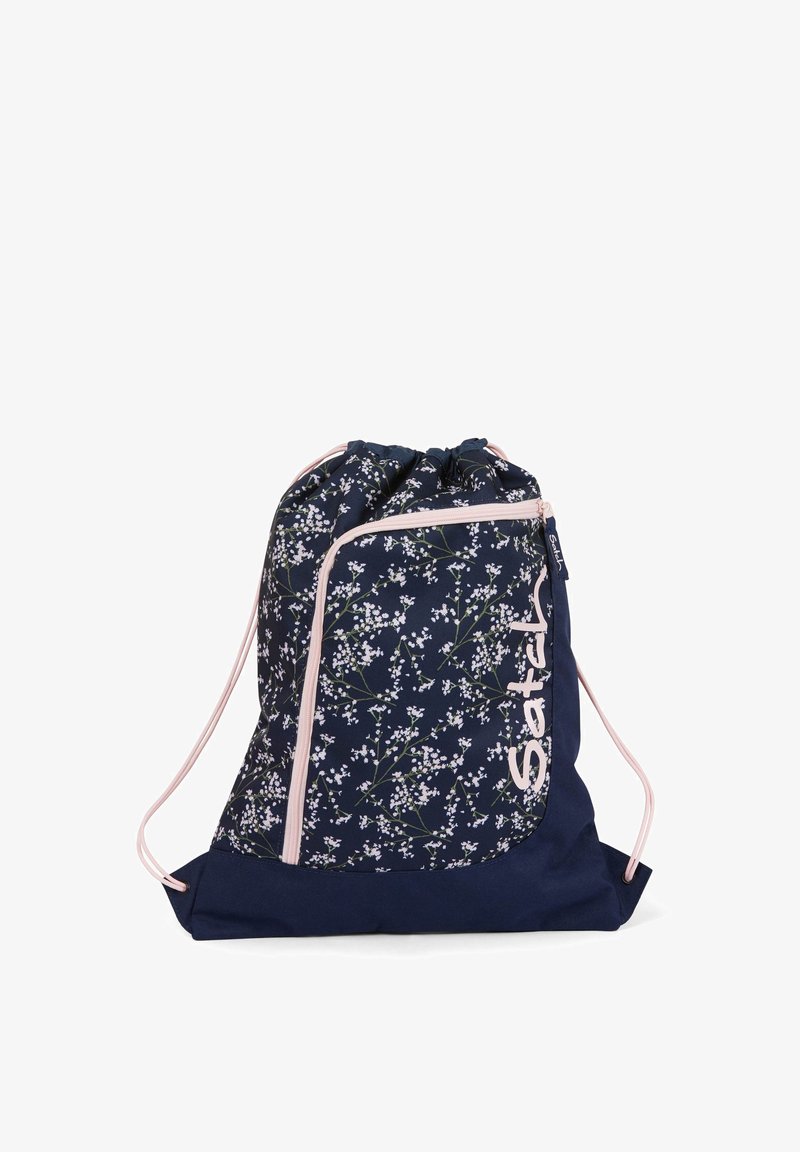 Navy drawstring backpack with floral pattern, pink accents, and side zipper. Made of durable fabric, featuring a plush texture.