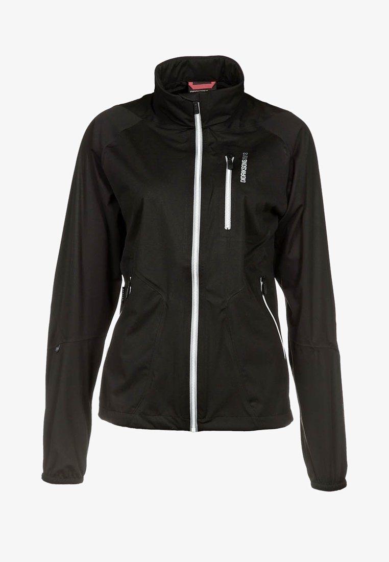 Svart zip-up jacka med hög krage, har vita dragkedjor, sidofickor och en figursydd design. Slät textur och lättviktsmaterial.