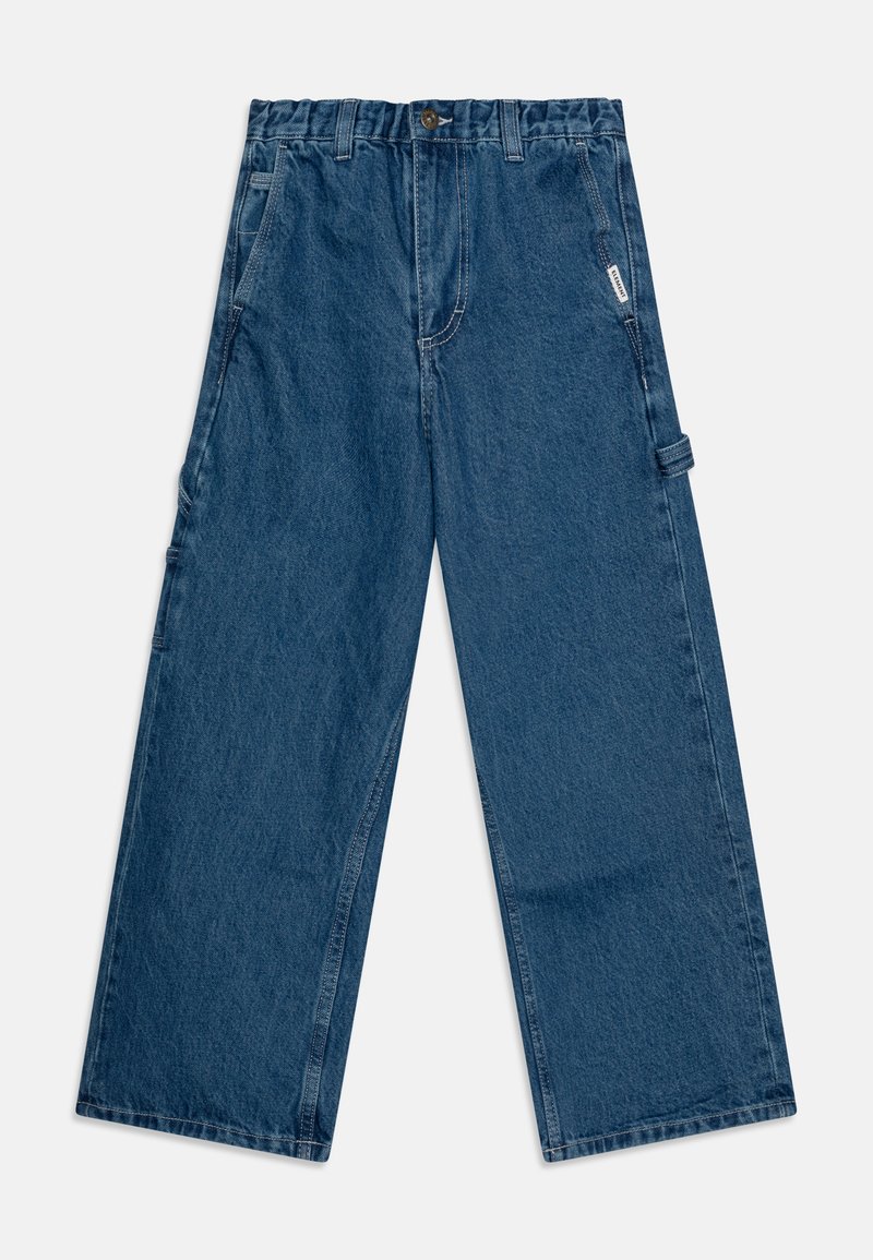 Jeans hlače v temno modri barvi, z ohlapnim širokim krojem, gumbom za zapiranje in več žepi za uporabnost. Vidni podrobni šivi.