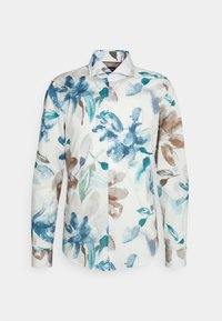 Chemise à manches longues en tissu blanc ornée d'un imprimé floral aquarelle en bleu, sarcelle et marron. Col classique et fermeture à boutons.