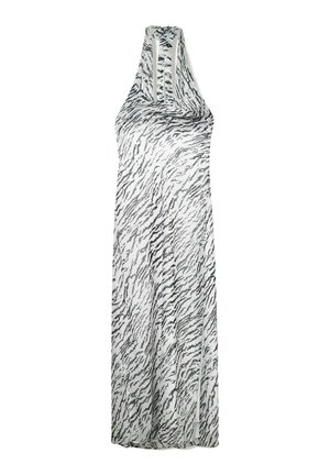 Abito con collo halter in tessuto leggero, caratterizzato da un motivo a strisce di tigre bianco e nero, con una silhouette fluida e dettagli di spacco laterale.