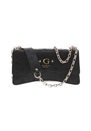 Sac à main en cuir noir avec un motif floral en relief, quincaillerie en logo doré et une bandoulière en chaîne argentée. Dispose d'une fermeture à rabat à l'avant.