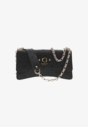 Sac à main en cuir noir avec un motif floral en relief, quincaillerie en logo doré et une bandoulière en chaîne argentée. Dispose d'une fermeture à rabat à l'avant.