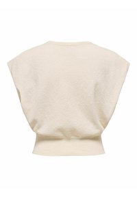 Cremfarbener, strukturierter Pullover mit kurzen, weiten Ärmeln. Enganliegendes Bündchen in der Taille, schlichtes Design ohne sichtbare Verschlüsse oder Muster.