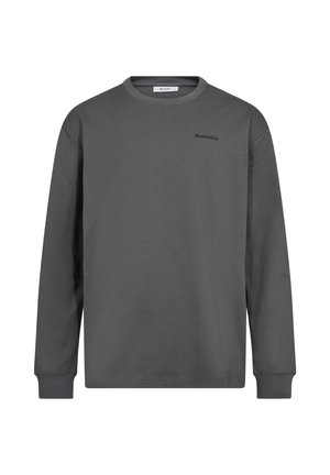 Mørkegrå langærmet crewneck-sweatshirt med ribbede manchetter og et lille logo på øverste venstre bryst.