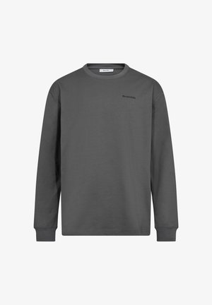 Dark gray long-sleeve crewneck sweatshirt with ribbed cuffs and a small logo on the upper left chest.