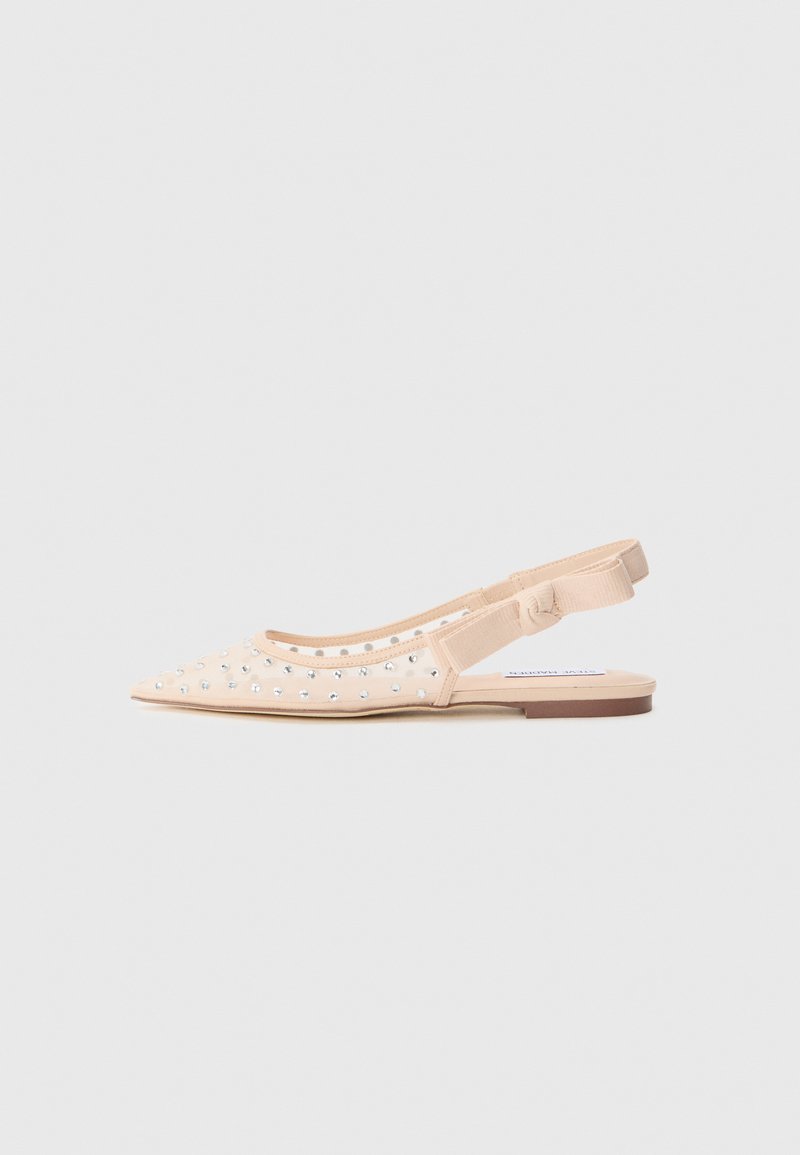 Pink, slingback flats with a pointed toe, featuring a studded design and cut-out accents. Soft material with a flat sole.