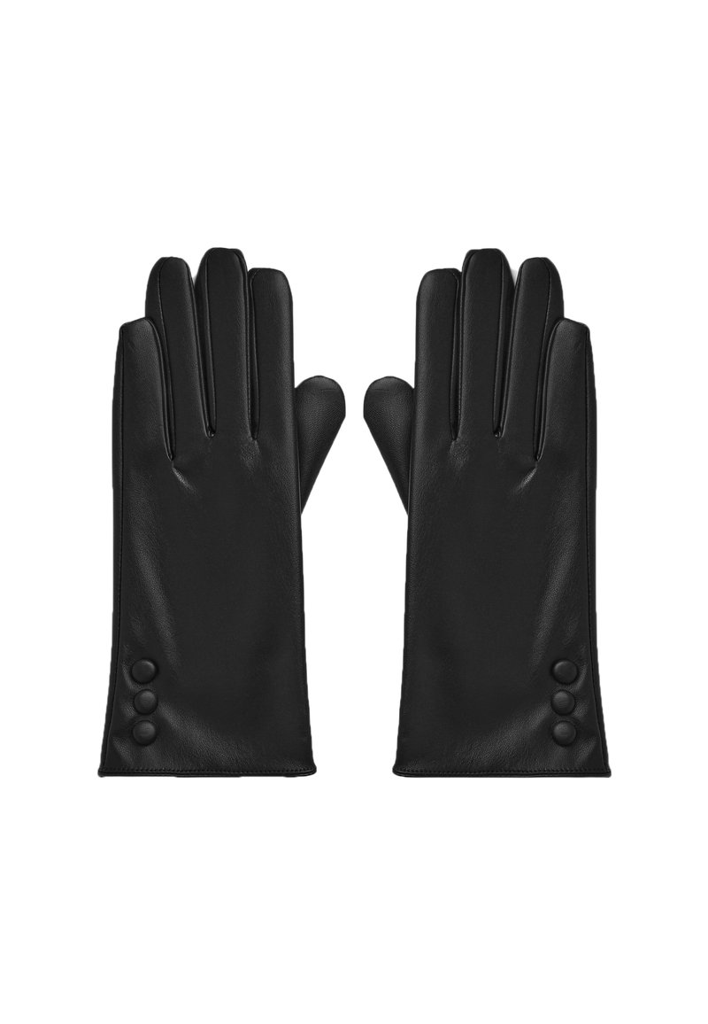 Czarne skórzane rękawiczki z trzema dekoracyjnymi guzikami w okolicy nadgarstka, przedstawione na płasko z wyciągniętymi palcami, na białym tle.
