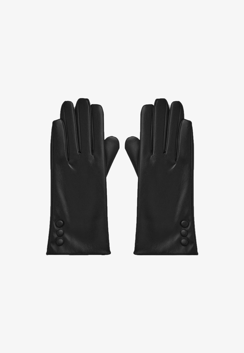 Czarne skórzane rękawiczki z trzema dekoracyjnymi guzikami w okolicy nadgarstka, przedstawione na płasko z wyciągniętymi palcami, na białym tle.