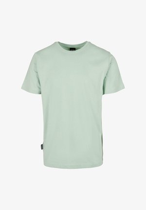 Svetlozelené bavlnené tričko s krátkymi rukávmi, okrúhlym výstrihom a bočnými rozparkami. Obsahuje malú značku na leme. Hladká textúra.
