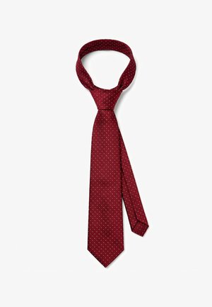 Rote Krawatte mit kleinen weißen Punkten, in einem klassischen Knoten gebunden, vor weißem Hintergrund dargestellt.