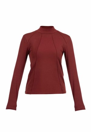 Bordinės spalvos ilgomis rankovėmis palaidinė su aukštu kaklu, pasižyminti prigludusiu siluetu ir tekstūruotu audiniu su siūlių detalėmis priekyje.
