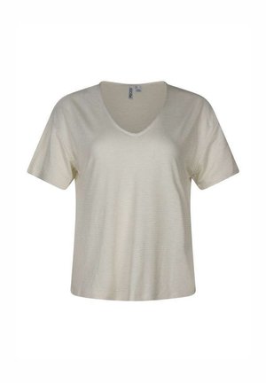 T-shirt à manches courtes, beige clair, col en V avec des rayures horizontales subtiles et une coupe décontractée, présenté sur un fond blanc uni.