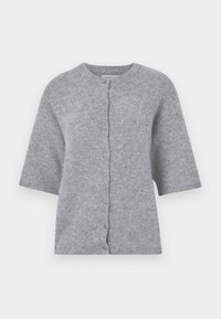 Cardigan tricoté gris clair à manches courtes, col rond et fermeture boutonnée devant.