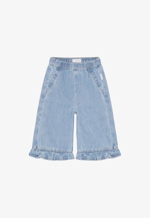 Jasnoniebieskie culottes z denimu o teksturowanym wykończeniu, elastycznym pasie, bocznych kieszeniach i falbankowatych zakończeniach nogawek. Casualowy fason odpowiedni na ciepłe dni.
