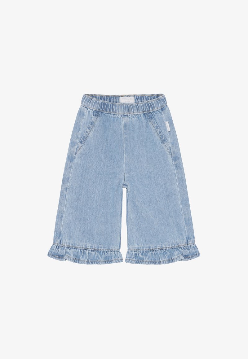 Lichtblauwe denim culottes met een gestructureerde afwerking, elastische tailleband, zijzakken en gerimpelde zoom. Casual ontwerp, geschikt voor warm weer.