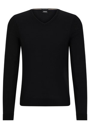 Black long-sleeve sweater with a v-neck design. Made of a smooth knit fabric, featuring ribbed cuffs and hem for added structure.