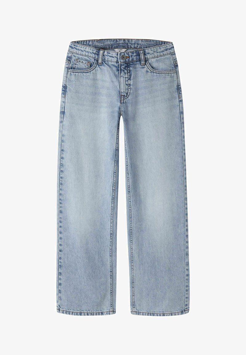 Vaqueros de pierna ancha color azul claro con cierre de botón y cremallera, bolsillos delanteros y cartera, y costuras cosidas.