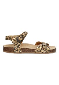 Sandale mit Leopardenmuster und glitzernden Akzenten, verstellbarem Schnallenriemen und einem Korkfußbett. Sie verfügt über eine flache Sohle und ein offenes Design der Zehenpartie.