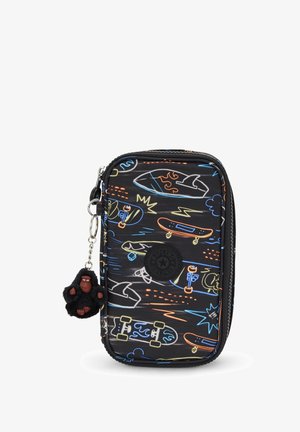 Black zippered pouch with colorful skateboard and surfboard designs. Features rubber zipper pull of a small gorilla. Durable synthetic material.