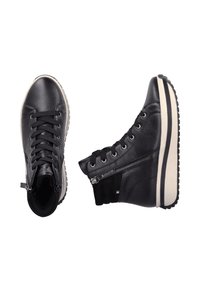 Black leather high-top sneakers with a textured finish, featuring front laces, a side zipper, and a contrasting white sole with black accents.