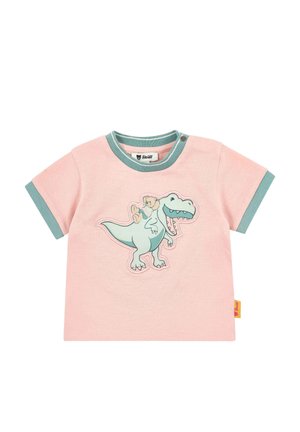 Pink short-sleeve t-shirt with teal accents and a playful dinosaur graphic on the front. Features two snap buttons at the neckline.