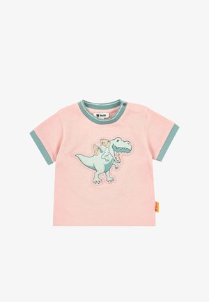 Pink short-sleeve t-shirt with teal accents and a playful dinosaur graphic on the front. Features two snap buttons at the neckline.