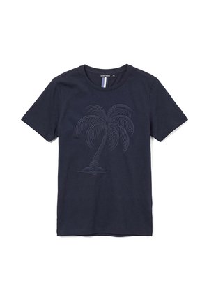 Camiseta azul marino de manga corta con un sutil diseño de palmera bordado en el centro delantero.