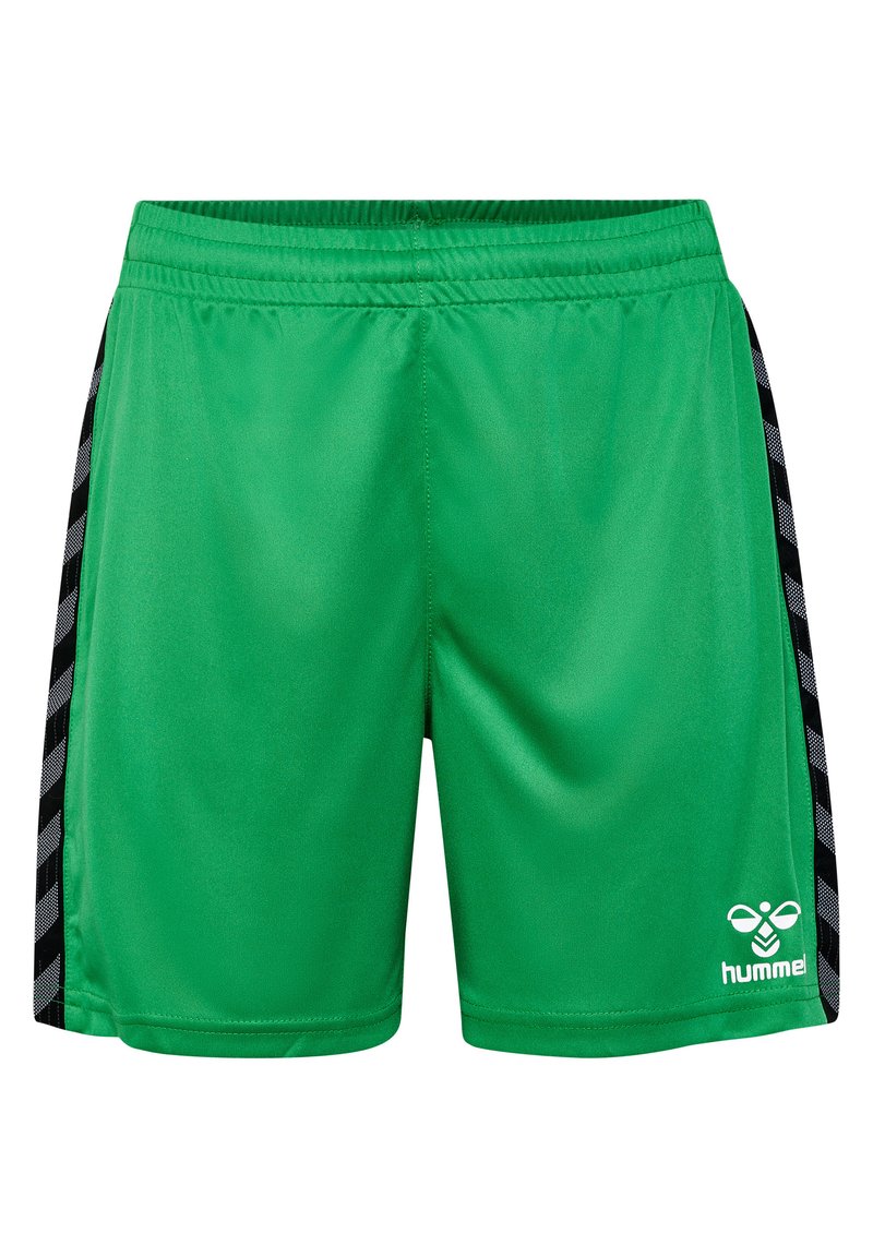 Pantalones cortos deportivos verdes hechos de un material ligero, con franjas laterales negras con un patrón geométrico y un logo blanco en la parte frontal.