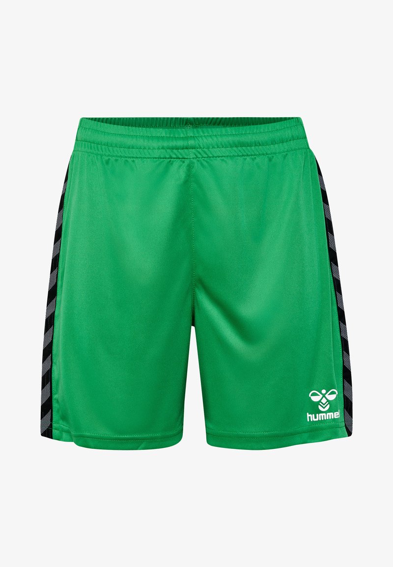 Pantalones cortos deportivos verdes hechos de un material ligero, con franjas laterales negras con un patrón geométrico y un logo blanco en la parte frontal.