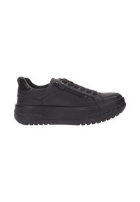Sneaker in pelle nera con suola piatta testurizzata, dotati di cerniera laterale e lacci, con finitura liscia e punta rotonda.